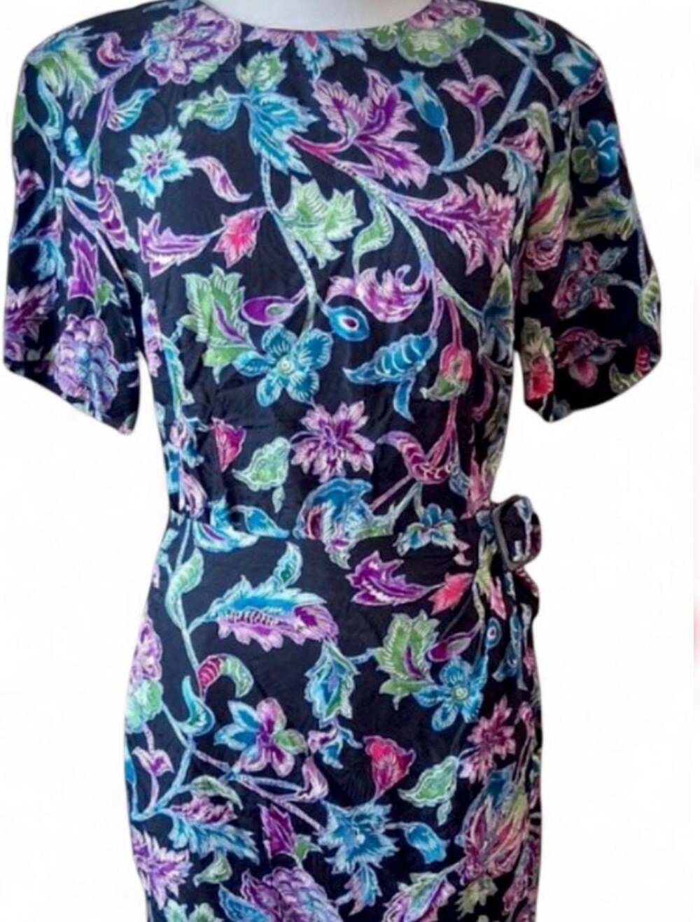 VINTAGE  80s Liz Claiborne 100% Silk Floral Print Lined Sheath Dress Embossed 2